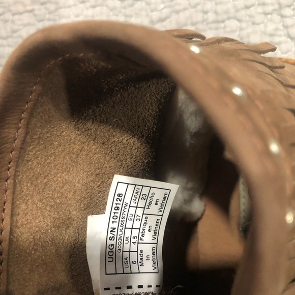 UGG ALEXIA DARK CHESTNUT NUBUCK LEATHER FRINGE STUDDED MOCCASIN ANKLE BOOTS SZ 6 - Picture 4 of 9